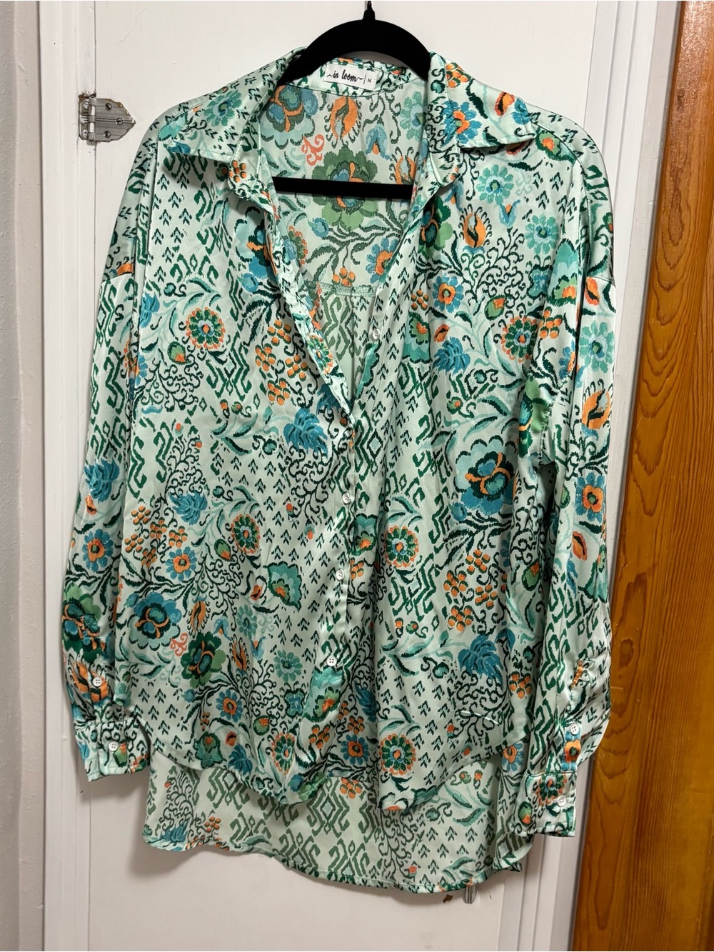 Silky Floral Mint Button-Up Blouse